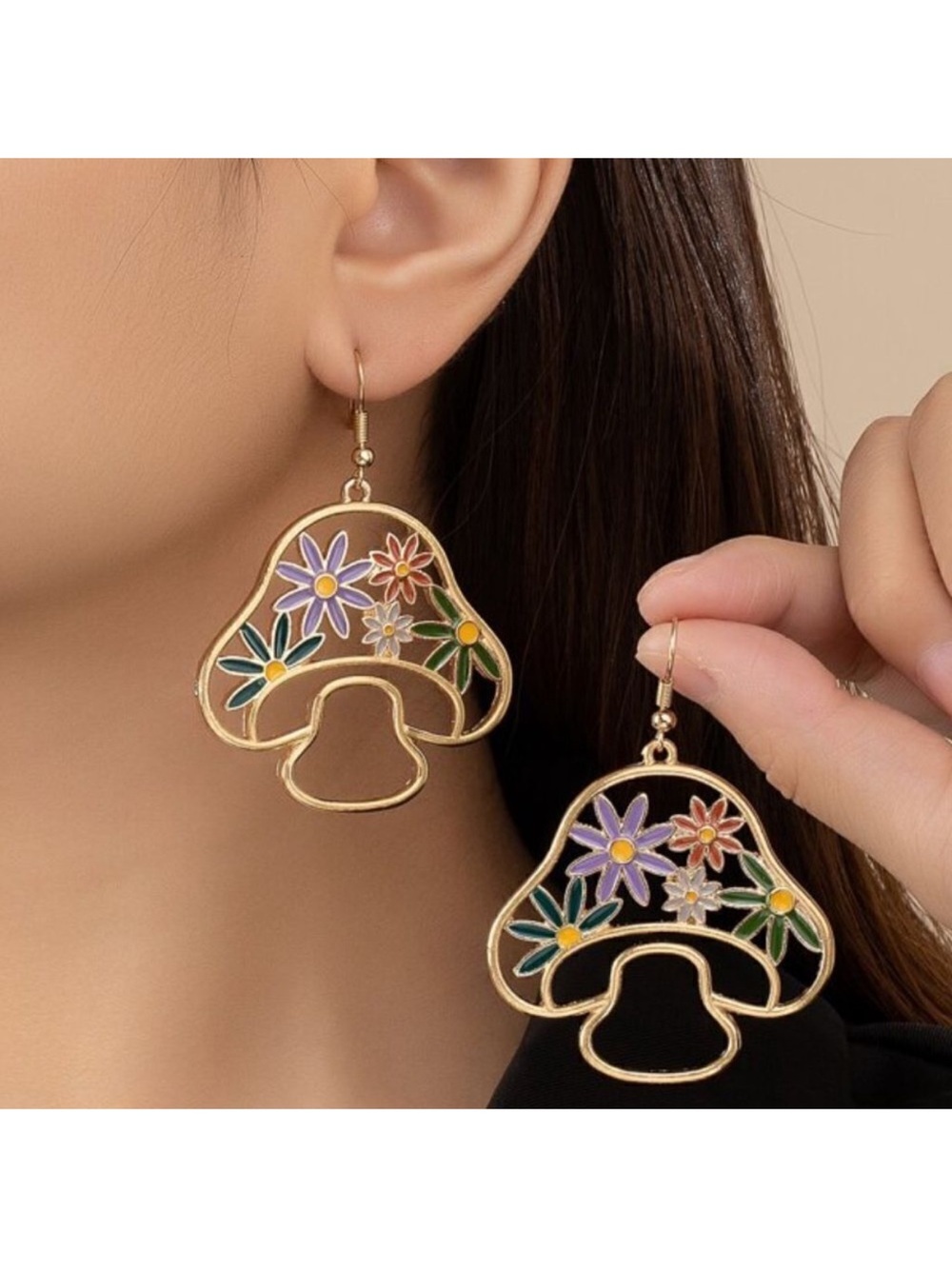 Floral Enamel Mushroom Drop Earrings A72
